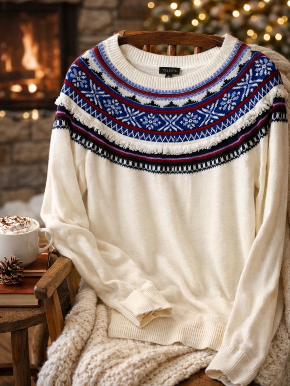 Talbots Fair Isle‎ Sweater Large Cozy Nordic Fringe Winter Ivory